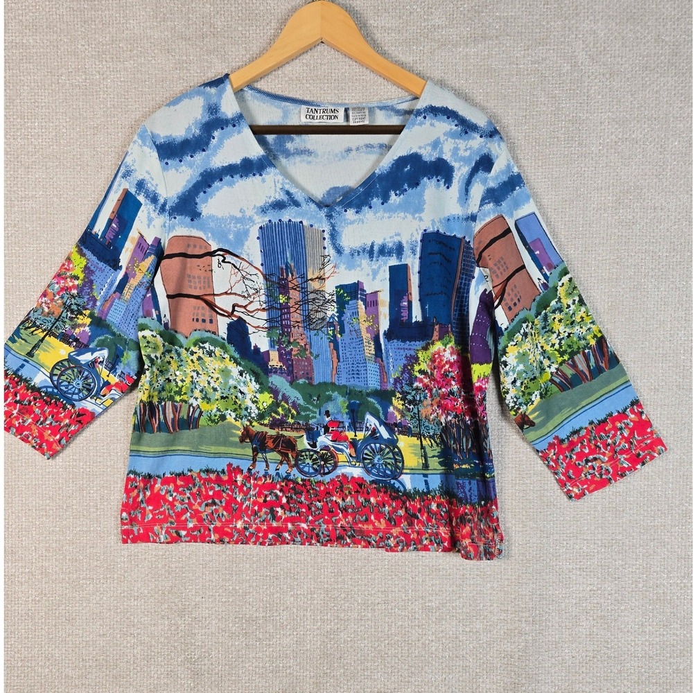 Tantrums Collection Womens XL NYC Cityscape Central Park Sequin Cotton‎ Top Blue